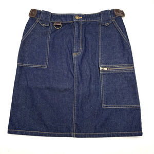 Vintage 90s Y2K Route 66 Dark Wash Cargo Pocket Denim Midi Skirt 10 30x20"